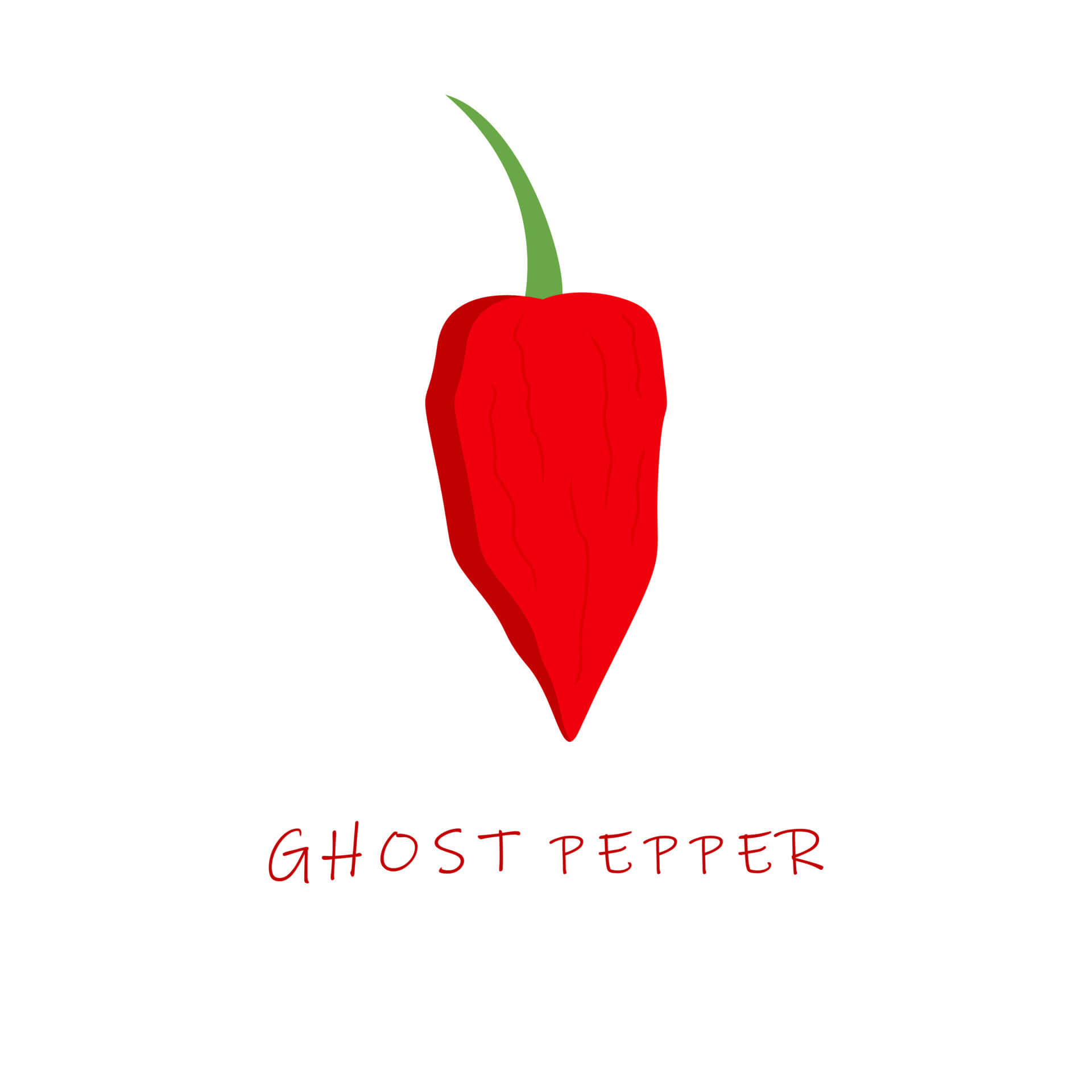 Ghost Pepper 桌布 壁紙 — 一個鮮紅色的鬼椒，帶有綠色莖，居中放置在乾淨的白色背景上，下方有手寫文字。