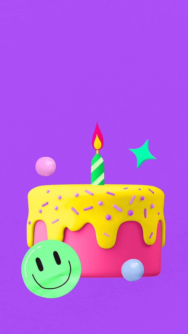  壁紙 — 一個鮮豔的3D渲染生日蛋糕，帶有滴落的黃色糖霜和點燃的蠟燭，背景為紫色。