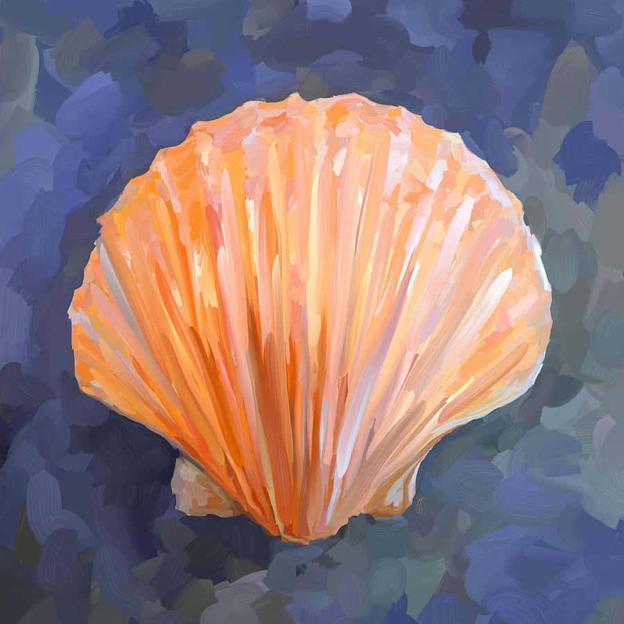 Shell 桌布 壁紙 — 一個鮮豔的橙色扇貝殼，以帶有紋理的筆觸繪製，背景為憂鬱的藍色抽象背景。