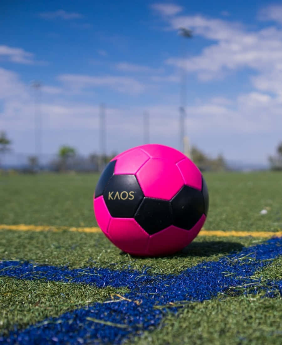 Pink Soccer Ball 桌布 壁紙 — 一個鮮豔的粉紅色和黑色足球放在綠色人造草地球場上，天空晴朗湛藍。