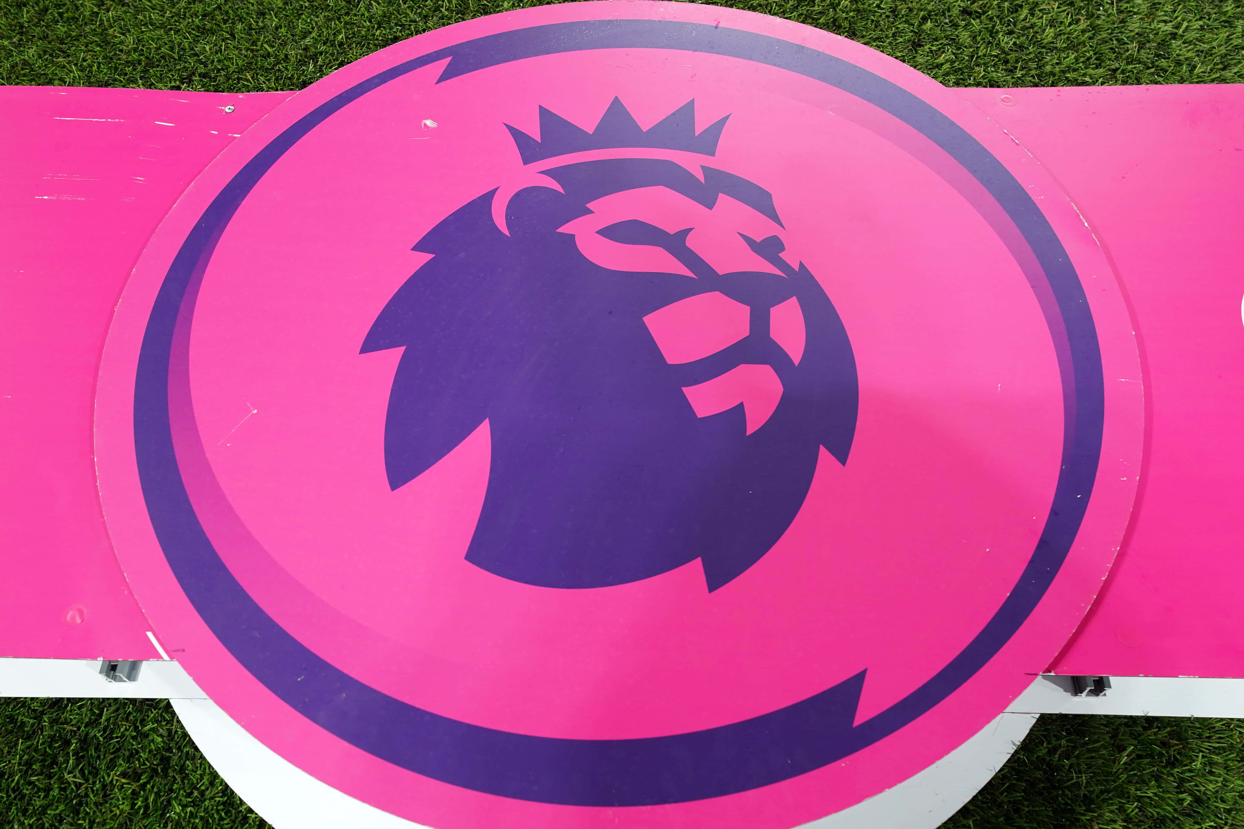 Premier League 桌布 壁紙 — 一個鮮豔的粉紅色圓形標誌，上面有紫色皇冠獅子標誌，放在綠色草地上。