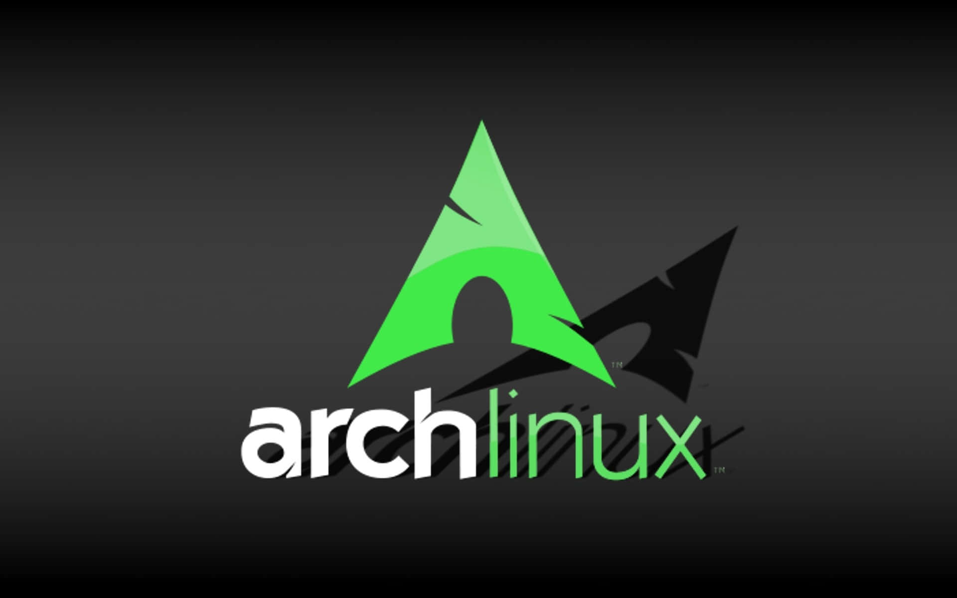 Arch Linux 桌布 壁紙 — 一個鮮豔的綠色Arch Linux標誌，背後有黑色陰影版本，位於深色漸變背景上。