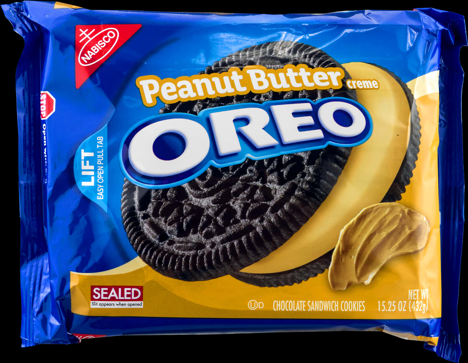 Peanut Butter Creme Oreo Package 壁紙 — 一個鮮豔的藍色和黃色包裝的Nabisco花生醬奶油Oreo餅乾，突出顯示一個大餅乾和奶油餡料。