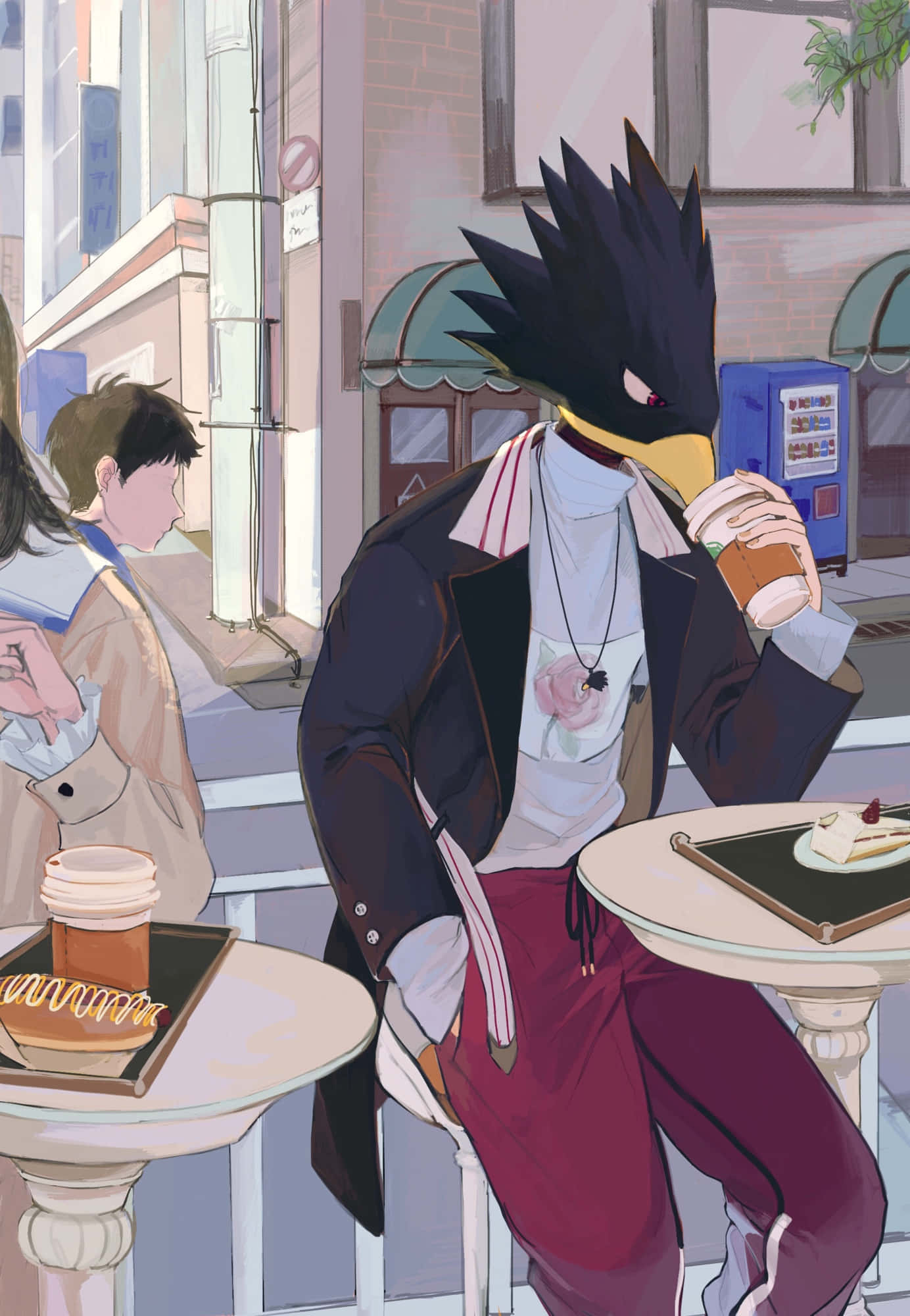 Fumikage Tokoyami 桌布 壁紙 — 一個鳥頭動漫角色在戶外咖啡桌旁啜飲咖啡，旁邊放著一片蛋糕。