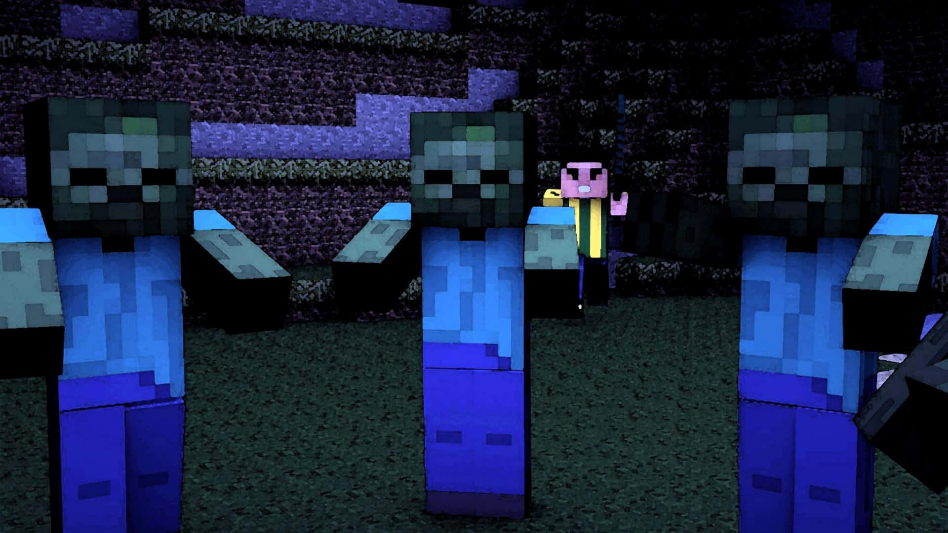 Minecraft Zombie 桌布 壁紙 — 一個黃色像素化嘅Minecraft玩家喺一個有紫色石牆嘅黑暗洞穴入面，面對緊三隻喪屍怪。
