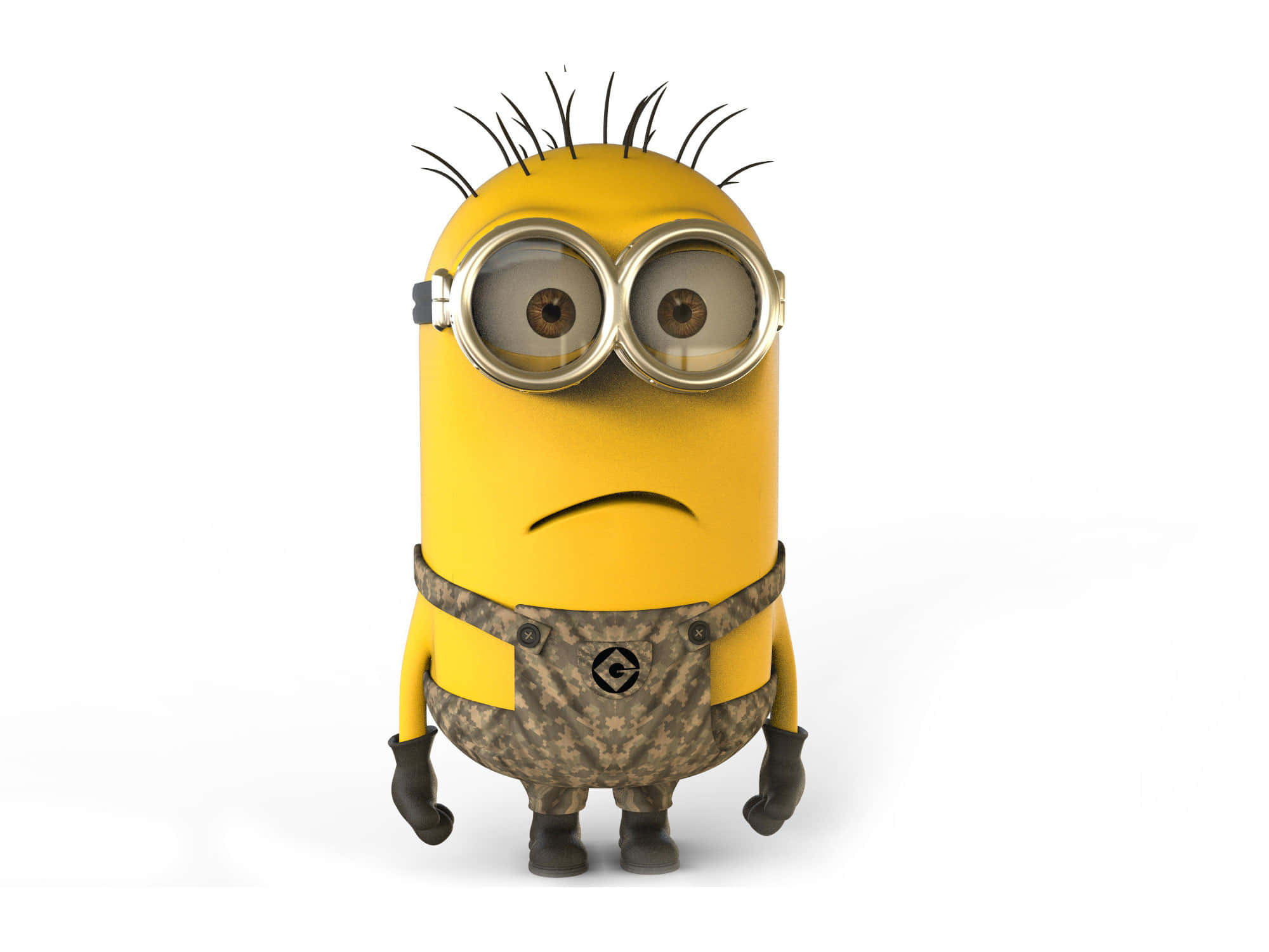 迷你兵團 桌布 壁紙 — 一個黃色嘅Minion，有尖刺頭髮同護目鏡，企喺純白色背景前面，着住迷彩工人褲。