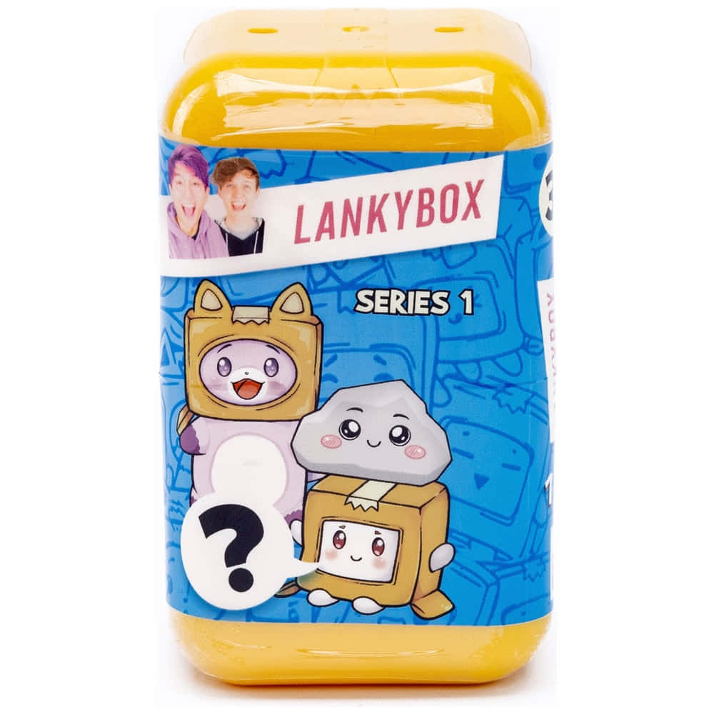 Lankybox 桌布 壁紙 — 一個黃色塑膠Lankybox Series 1玩具包裝，上面有可愛的卡通角色和笑臉，背景為藍色。