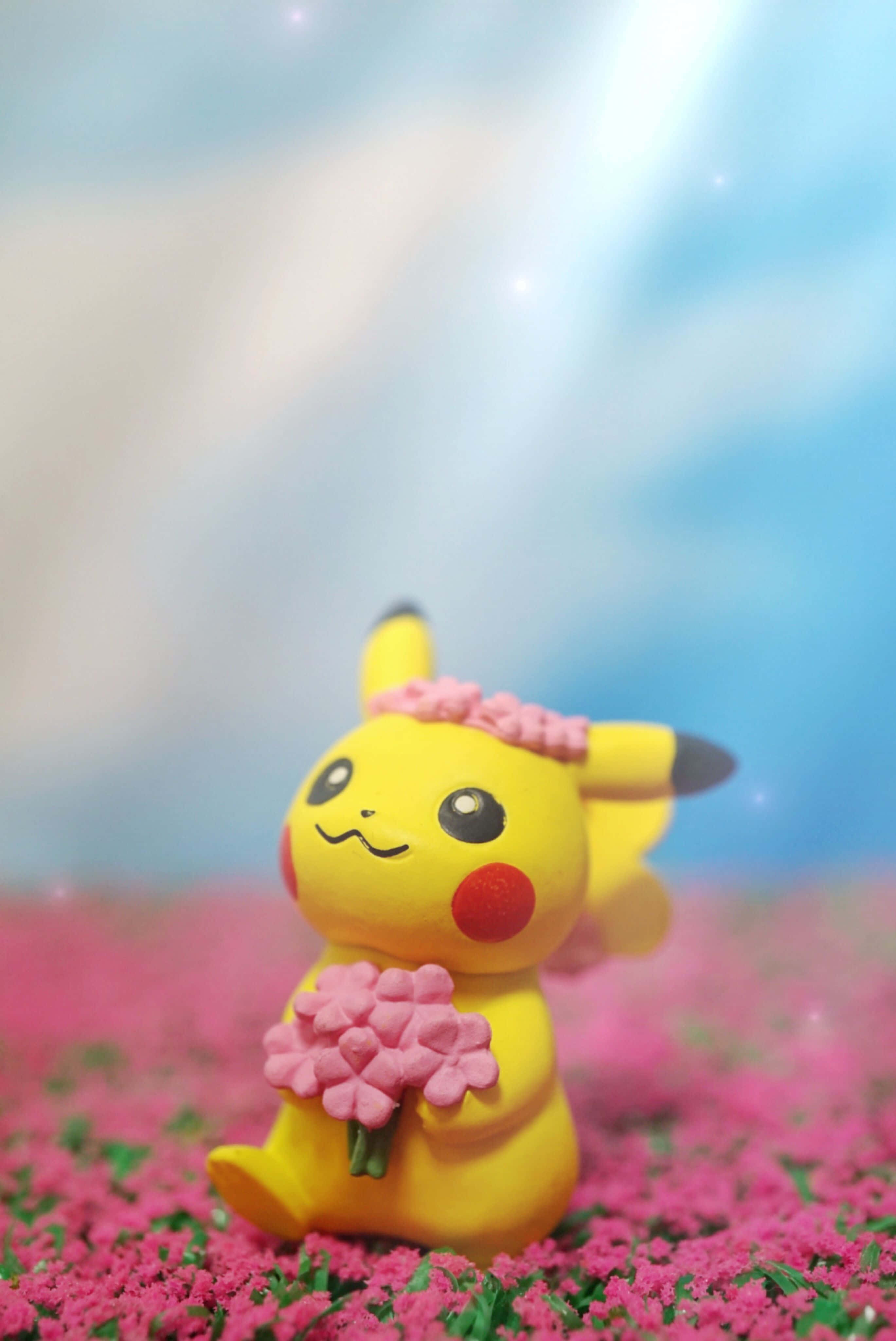 Pokemon Toys 桌布 壁紙 — 一個黃色比卡超公仔坐在粉紅花叢中，手持粉紅花束，背景是帶有閃爍效果的柔和藍天。