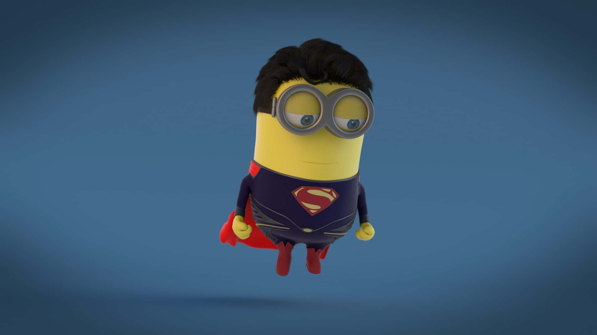 Cartoon Heroes 桌布 壁紙 — 一個黃色迷你兵團穿著超人服裝，在純藍色背景上漂浮。