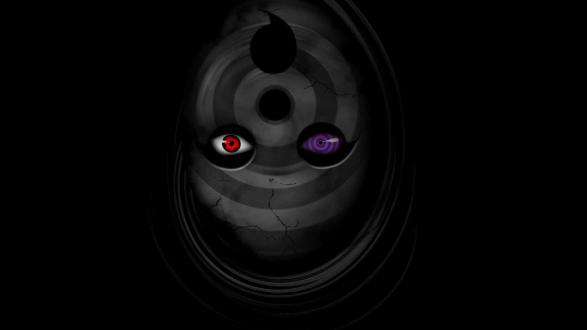 Black Zetsu 桌布 壁紙 — 一個黑暗、破裂的面具，帶有發光的紅色和紫色眼睛，從黑色虛空中凝視。