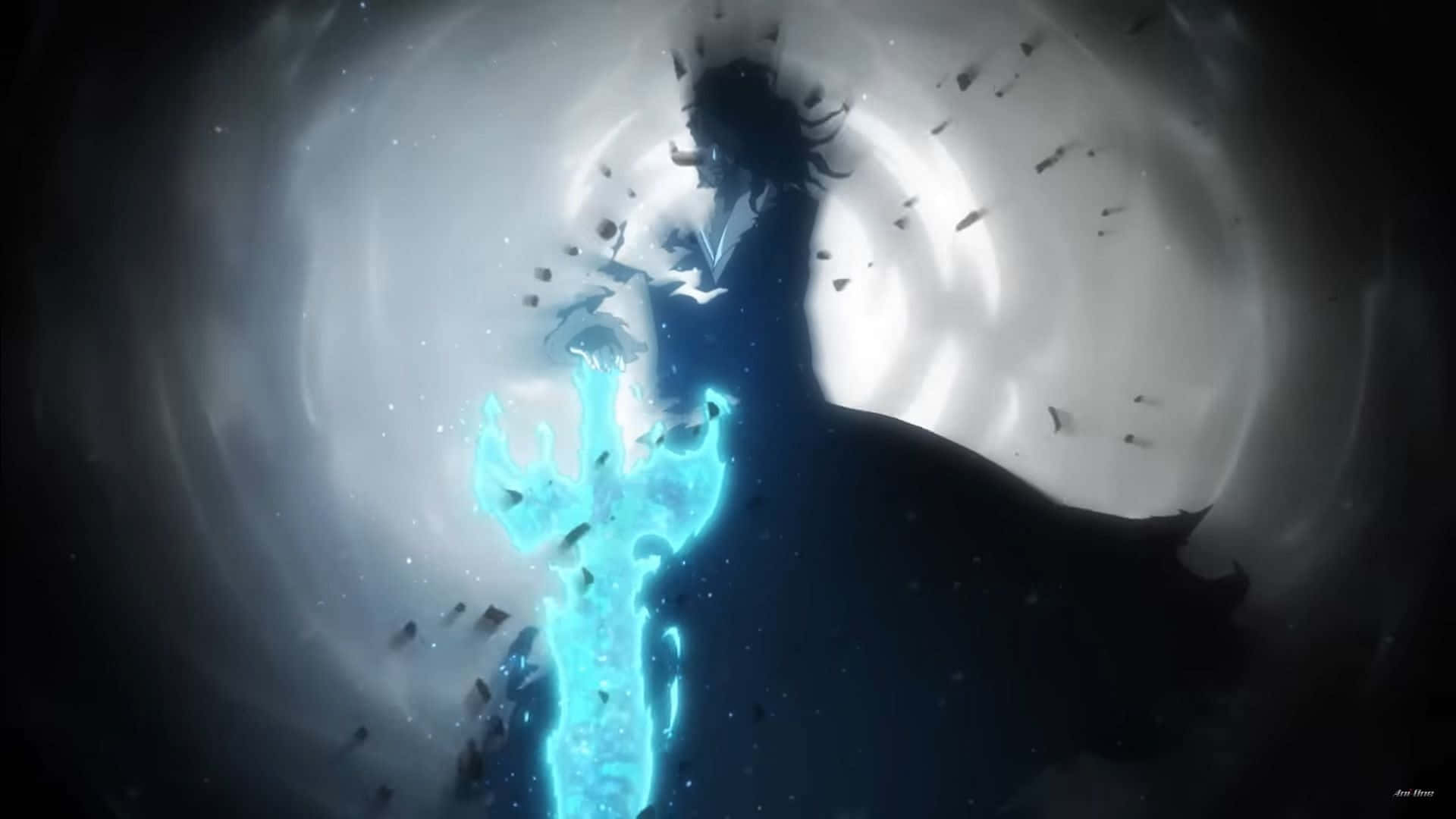 Zangetsu 桌布 壁紙 — 一個黑暗剪影在旋轉的宇宙能量和漂浮碎片中揮舞著發光的藍色劍。