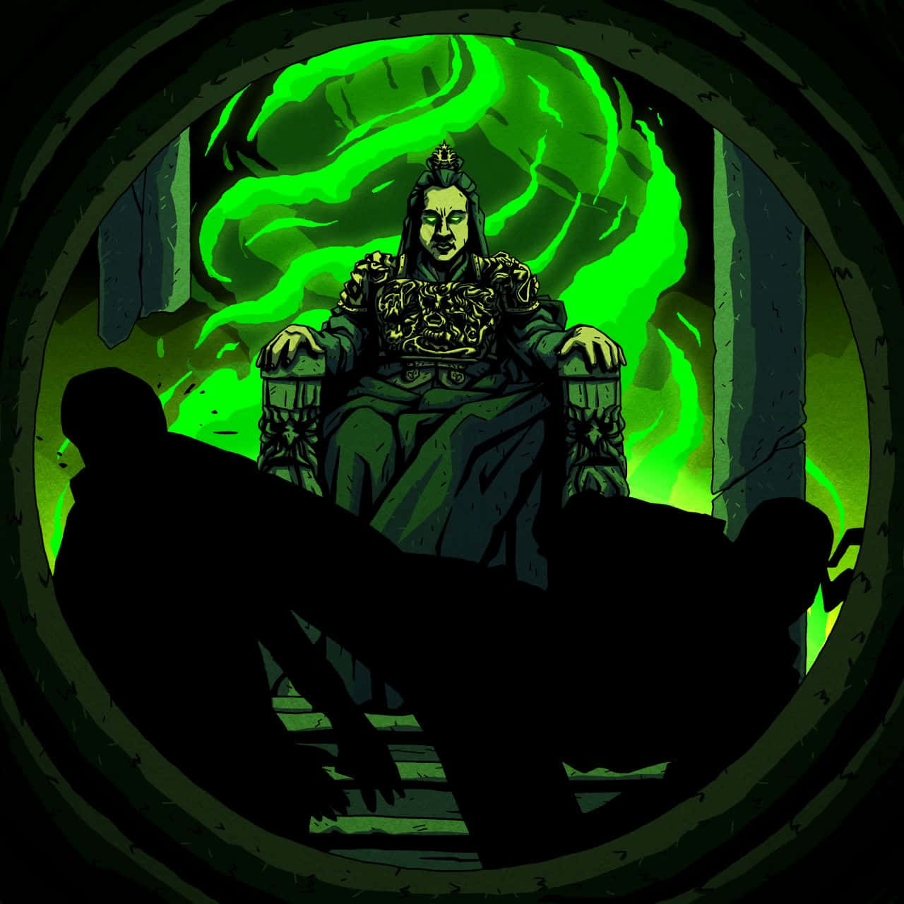 Mortal Kombat Shang Tsung 桌布 壁紙 — 一個黑暗剪影透過圓形開口，凝視著一位坐在王座上、被旋轉綠色能量包圍的戴冠人物。