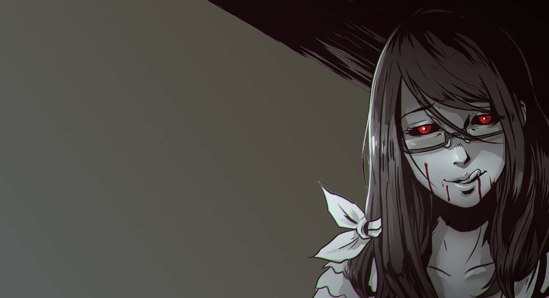 Rize Kamishiro 桌布 壁紙 — 一個黑暗動漫女孩，紅眼睛，臉上帶有血痕，在柔和的灰色背景下強烈凝視。