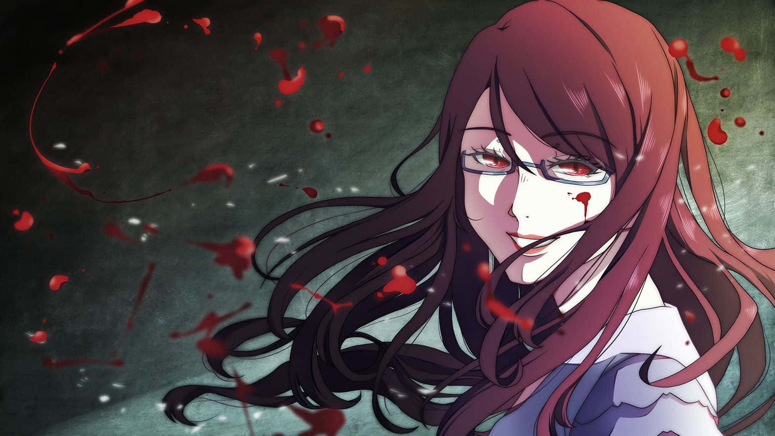 Rize Kamishiro 桌布 壁紙 — 一個黑暗動漫女孩，紅眼睛，血跡斑斑，在骯髒的綠色背景上微笑。