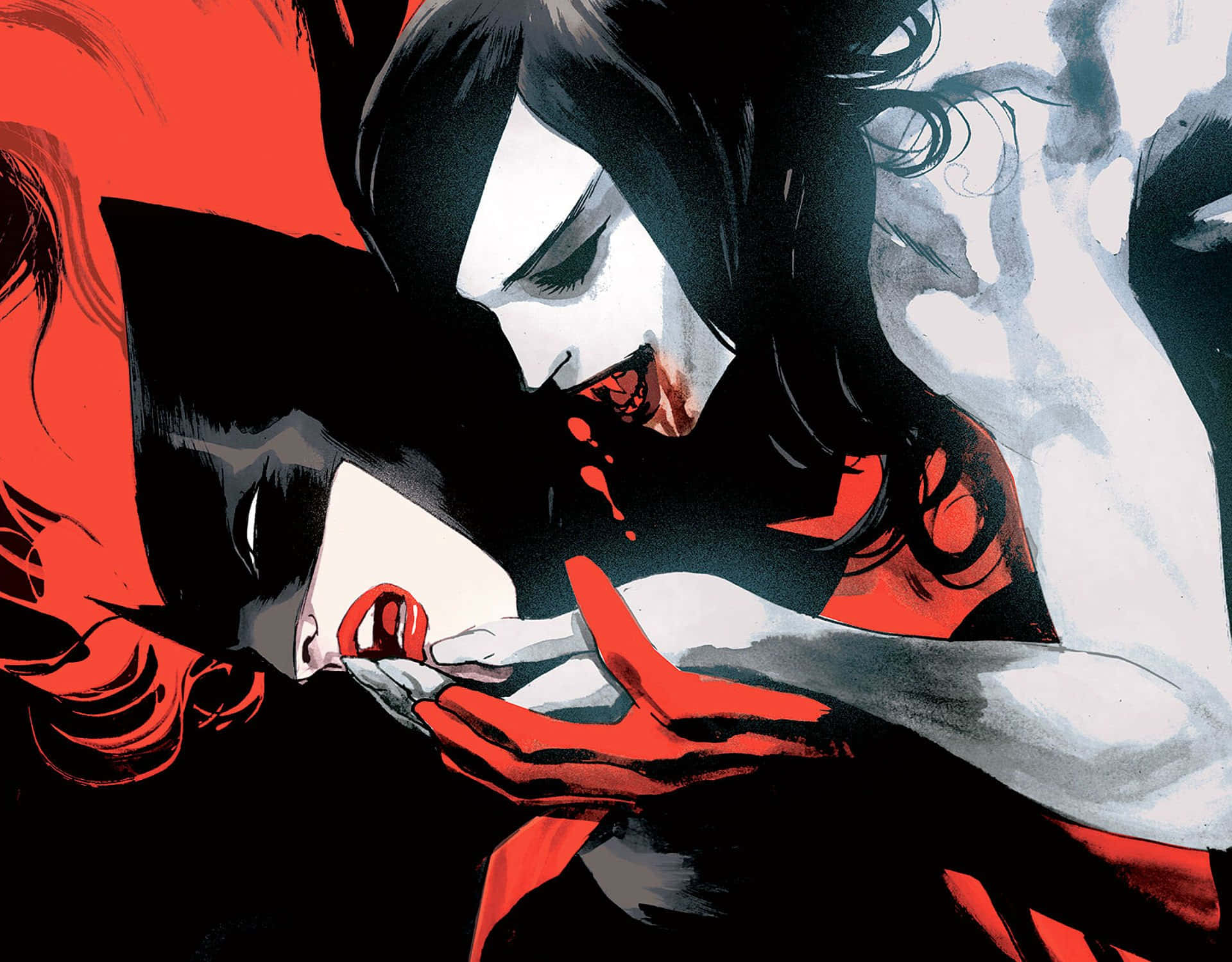 Dark Vampire 桌布 壁紙 — 一個黑暗動漫風格插圖，描繪一位蒼白黑髮女子在紅白背景前手持血淋淋的刀。