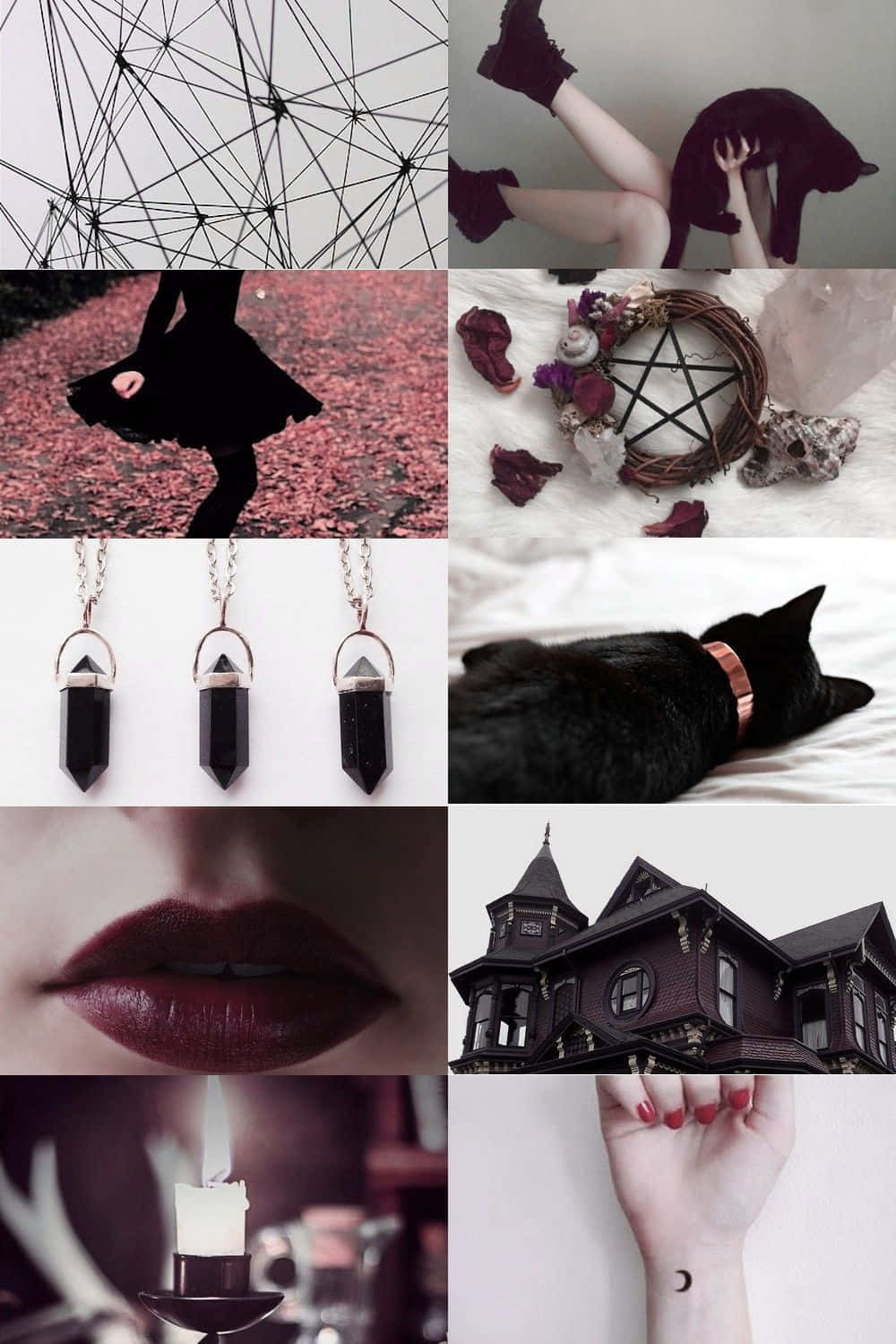 Witch Aesthetic 桌布 壁紙 — 一個黑暗哥德式拼貼畫，包含黑貓、女巫五角星、深紅嘴唇、燭光及鬼屋。