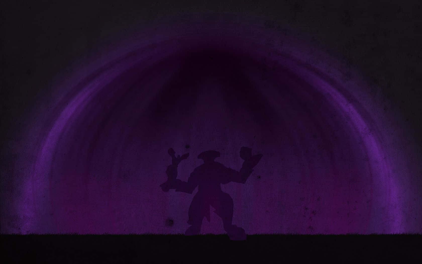 Faceless Void 桌布 壁紙 — 一個黑暗嘅剪影，一個人影拎住兩件物件，企喺一條陰暗隧道入面一個發光嘅紫色拱門前面。