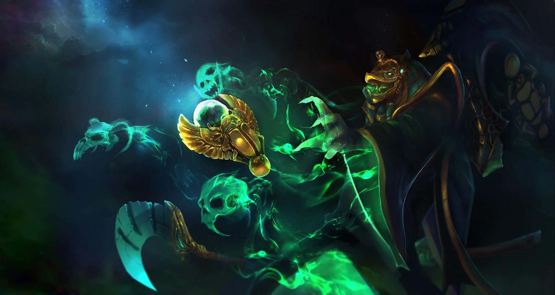 Rubick 桌布 壁紙 — 一個黑暗奇幻人物，帶有發光的綠色能量和骷髏，在宇宙虛空中揮舞金色鐮刀對抗幽靈敵人。