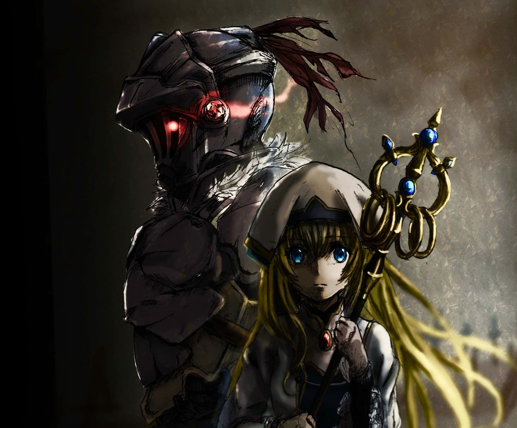 Goblin Slayer 桌布 壁紙 — 一個黑暗奇幻動畫場景，展示一位眼睛發光的裝甲戰士和一位手持寶石法杖的年輕法師。