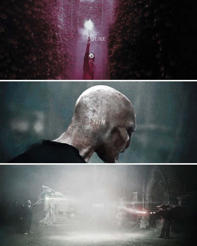 The Wizarding War 桌布 壁紙 — 一個黑暗奇幻場景，有一個人物在紫色森林中手持發光魔杖，一個光頭男子在陰影中，以及1995年的一場迷霧戰鬥。
