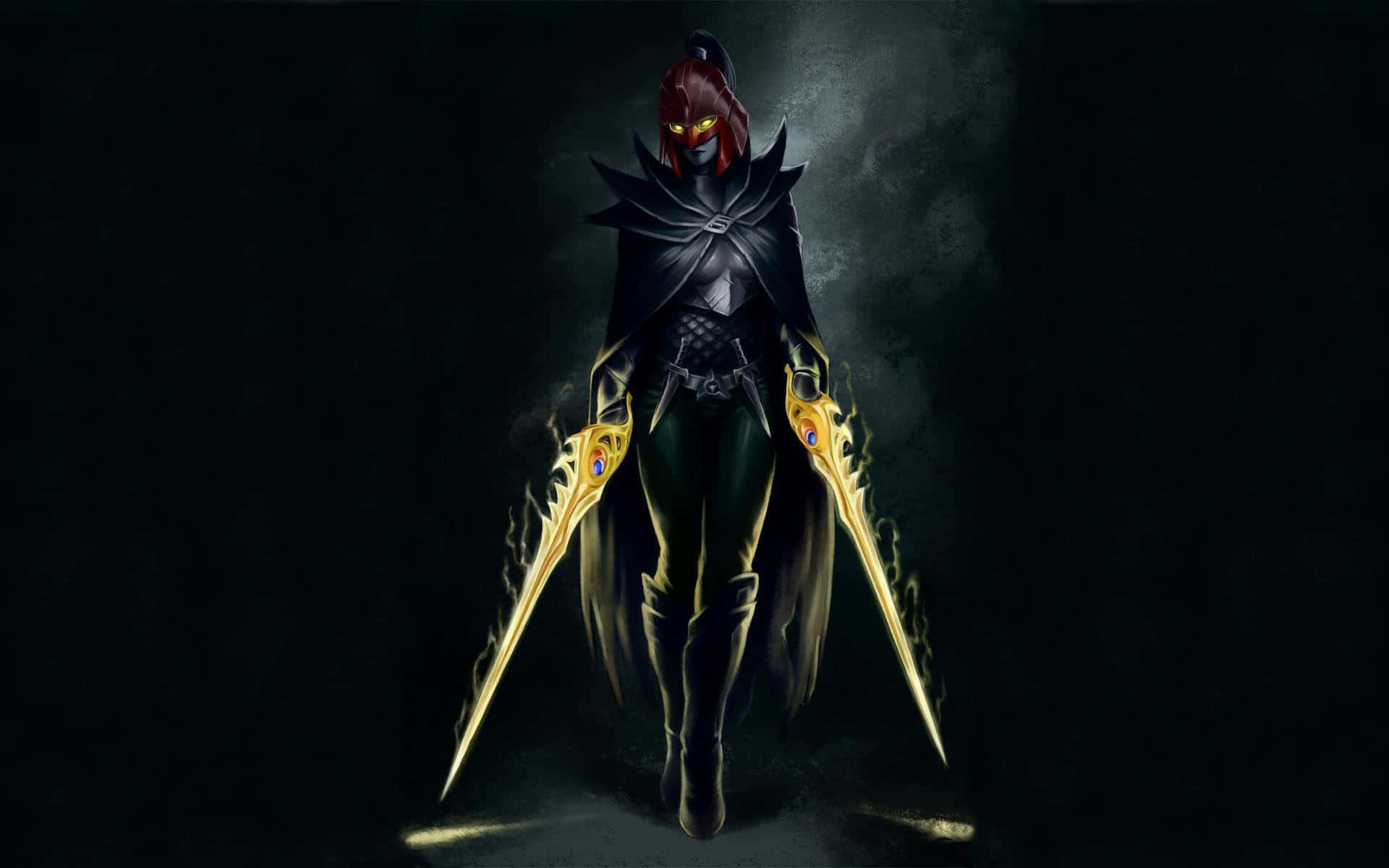 Drow Ranger 桌布 壁紙 — 一個黑暗奇幻戰士，擁有發光的黃色眼睛和華麗的金色刀刃，在煙霧繚繞的黑色背景下威風凜凜地站立。