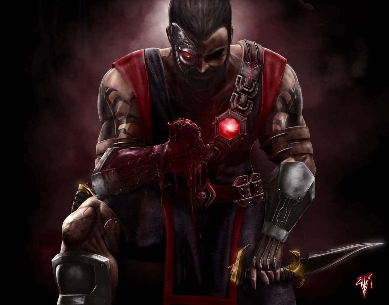 Mortal Kombat Kano 桌布 壁紙 — 一個黑暗奇幻戰士，眼睛發出紅光，手上沾滿鮮血，在煙霧瀰漫的深紅色背景下緊握匕首。