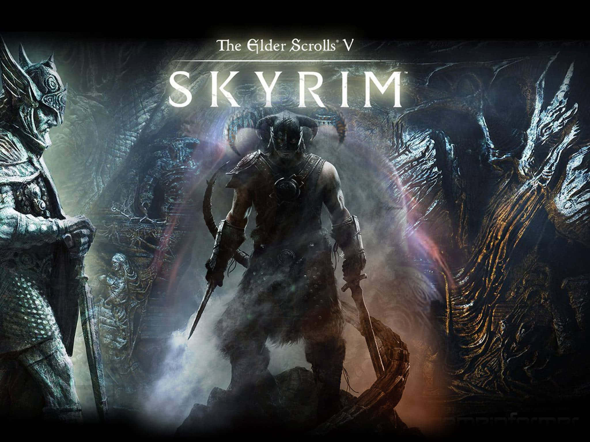 The Elder Scrolls V Skyrim 桌布 壁紙 — 一個黑暗奇幻戰士在迷霧籠罩、不祥的洞穴中傲然站立，周圍有發光的符文和潛伏在陰影中的怪獸。