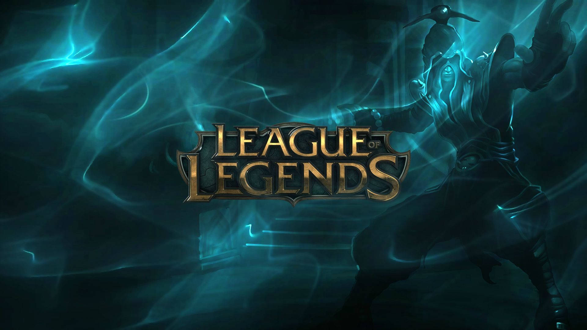 背景 桌布 壁紙 — 一個黑暗奇幻戰士帶著發光的藍色能量，在金色的 League of Legends 標誌後擺出英雄姿勢。