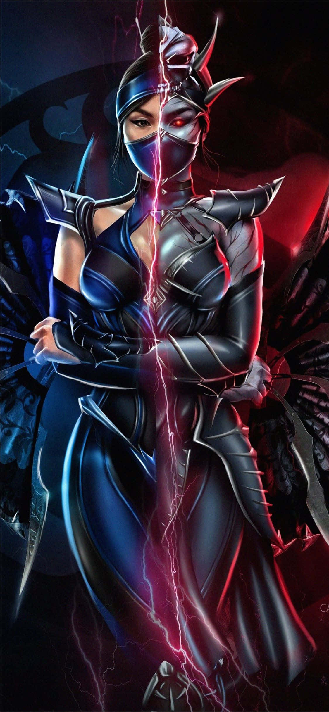 Mortal Kombat Characters 桌布 壁紙 — 一個黑暗奇幻戰士被發光的閃電從中間劈開，一邊是藍色而平靜，另一邊是紅色而兇猛。