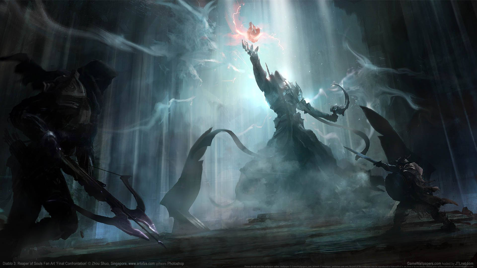 Diablo 3: Reaper of Souls 壁紙 — 一個黑暗奇幻戰鬥場景，中央人物舉起發光的紅色球體，周圍閃電擊中。