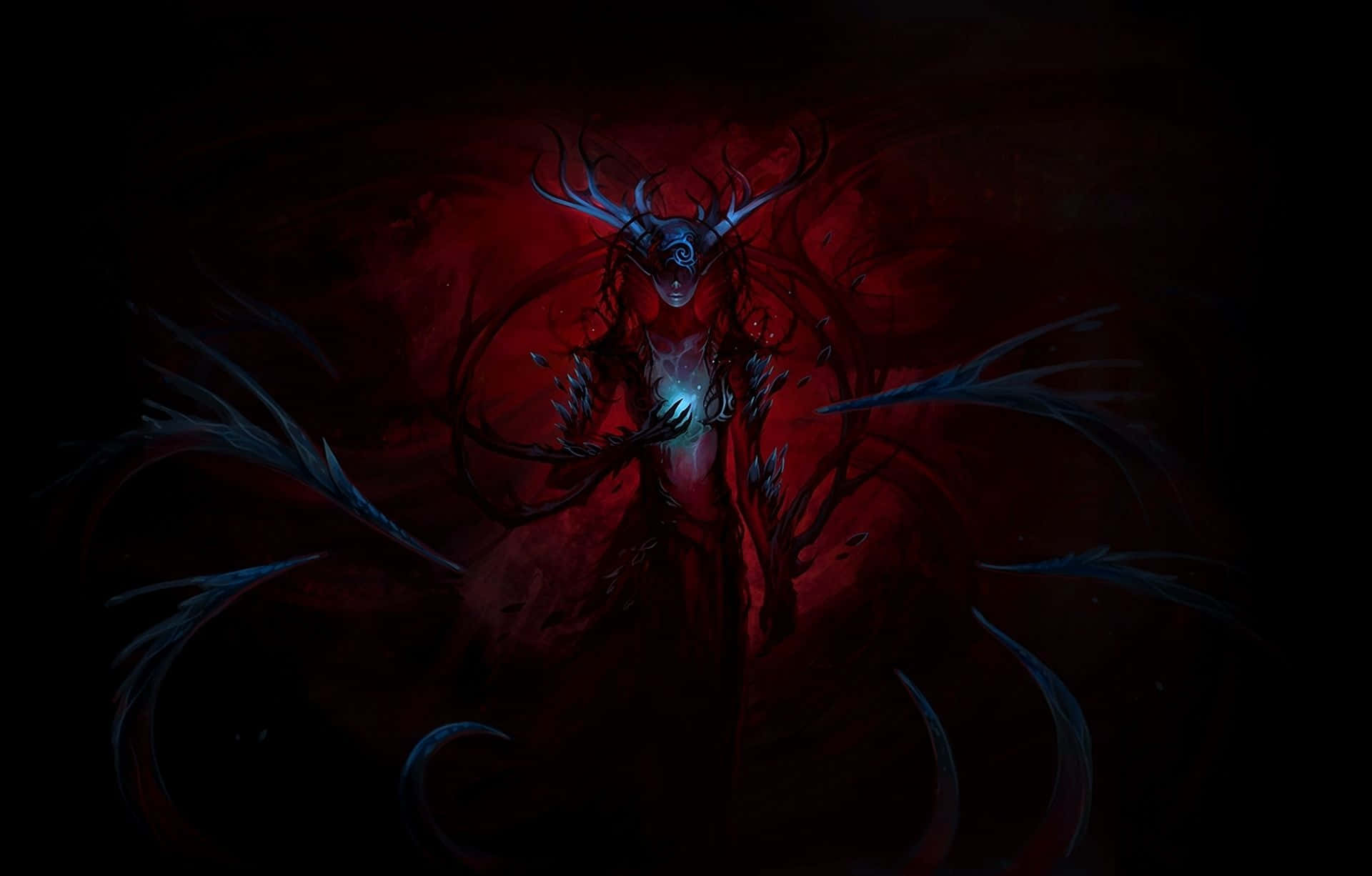 Cool Demon 桌布 壁紙 — 一個黑暗奇幻生物，擁有發光的藍色眼睛和鹿角，從血紅色的光環中出現在黑色虛空中。