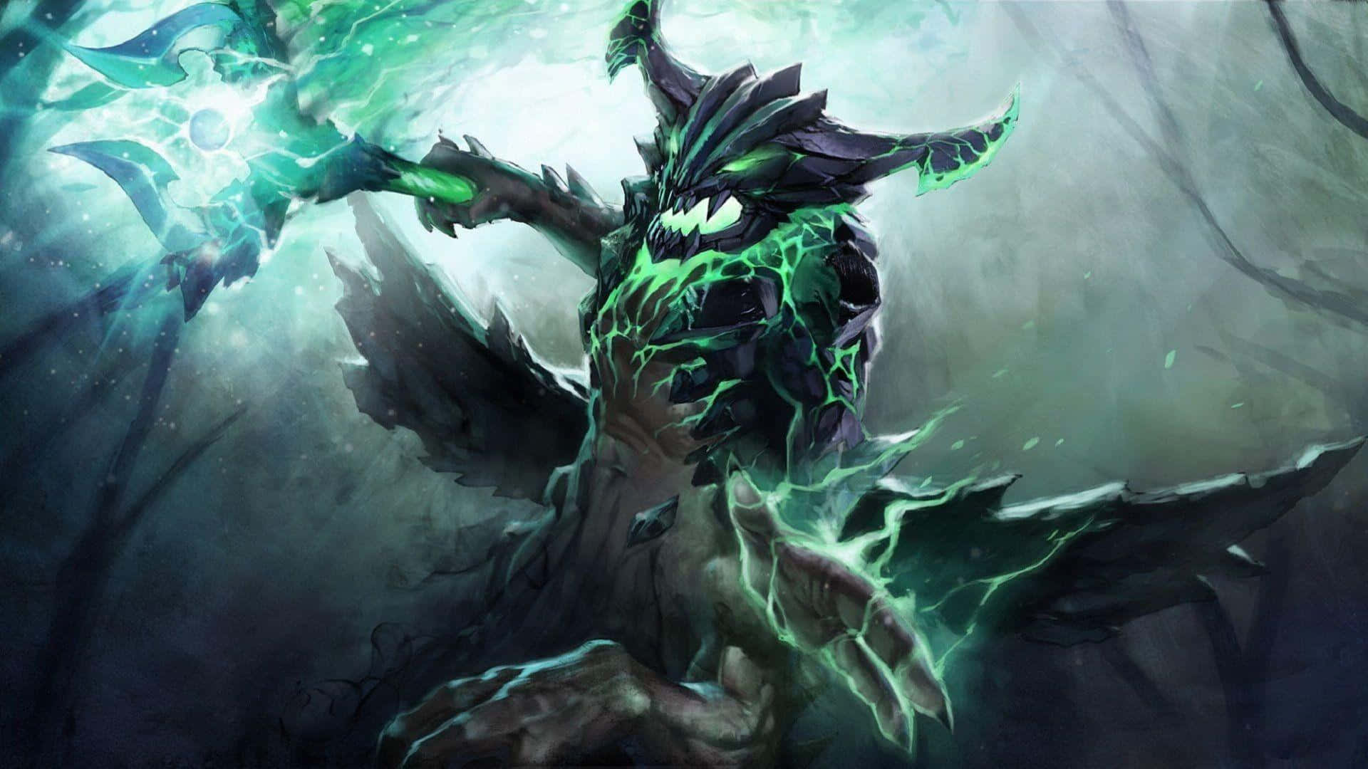 Dota 2 Heroes 桌布 壁紙 — 一個黑暗奇幻生物，綠色發光能量在其鋸齒狀形態上劈啪作響，同時在暴風雨背景下舉起一把神秘武器。