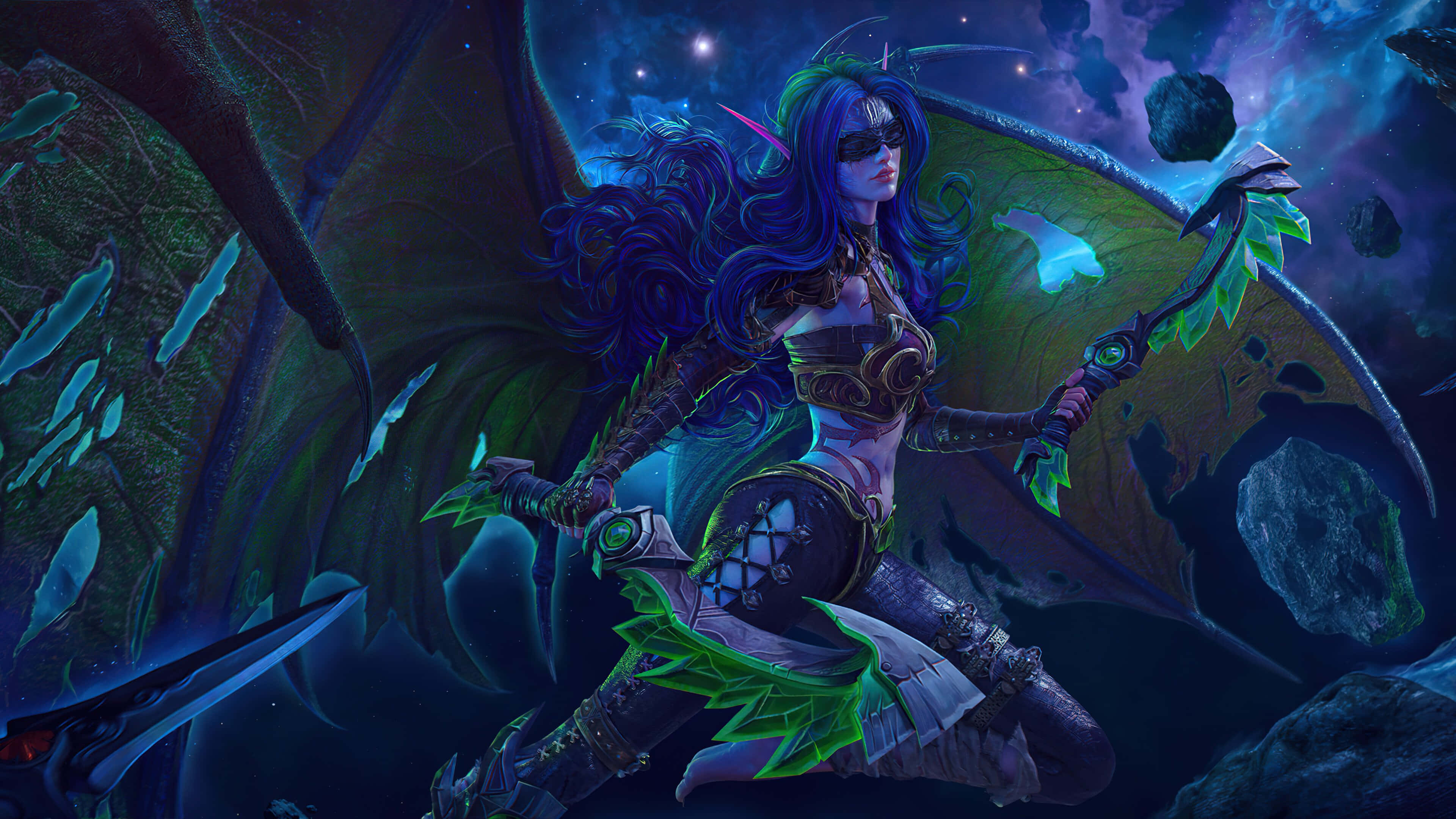 Demon Hunting 桌布 壁紙 — 一個黑暗奇幻的龍女，擁有發光的綠色翅膀和武器，站在星星和漂浮岩石的宇宙背景前。