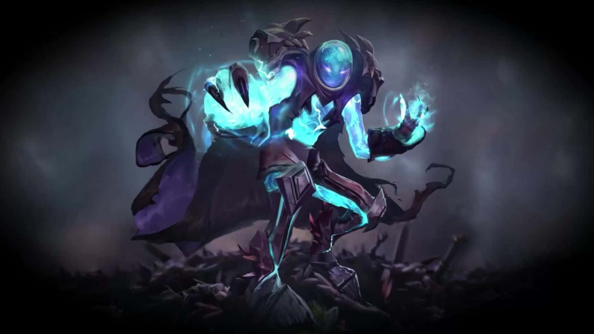 Dota 2 Heroes 桌布 壁紙 — 一個黑暗奇幻角色，散發著發光的藍色能量，身穿紫色斗篷，站在陰暗氣氛中的破碎瓦礫之間。