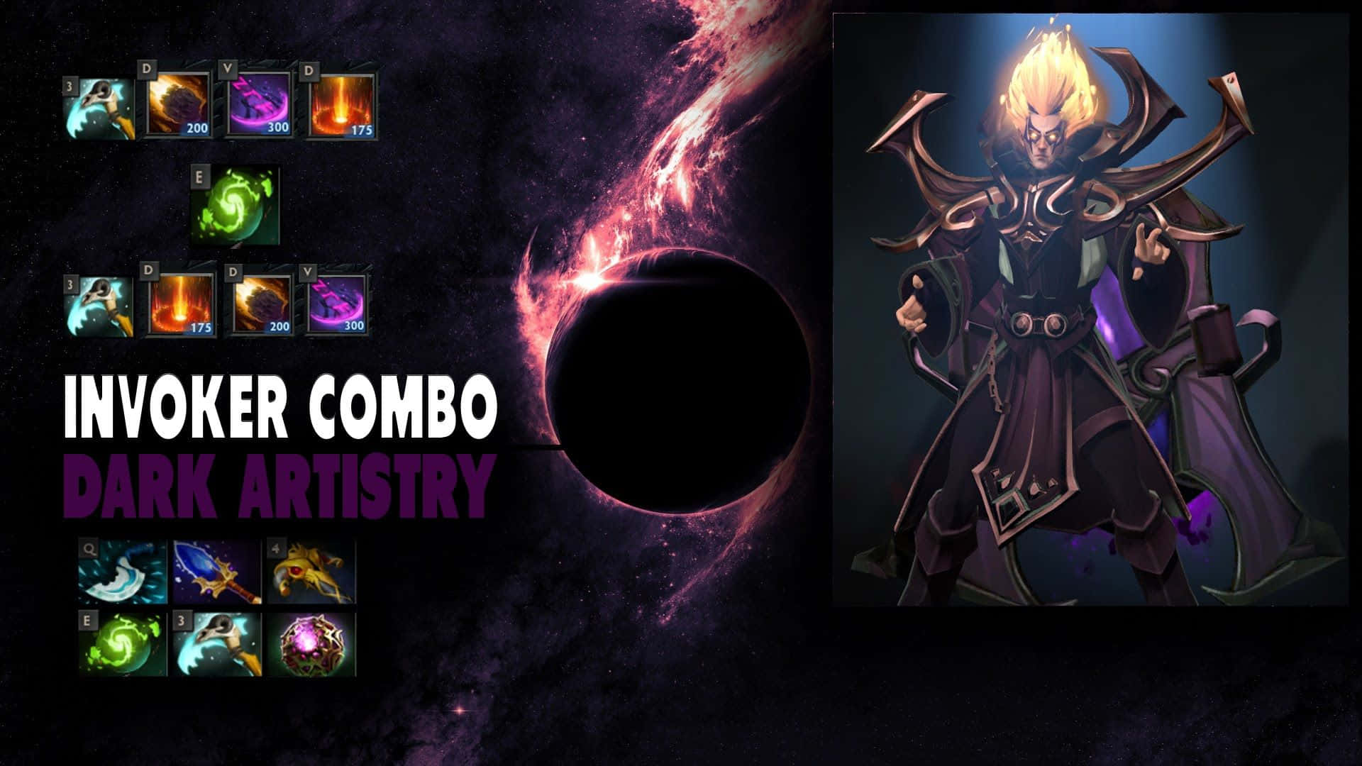 Dota 2 Invoker 桌布 壁紙 — 一個黑暗奇幻遊戲角色，擁有發光的頭髮和紫色盔甲，站在宇宙裂縫前，周圍有漂浮的技能圖標。