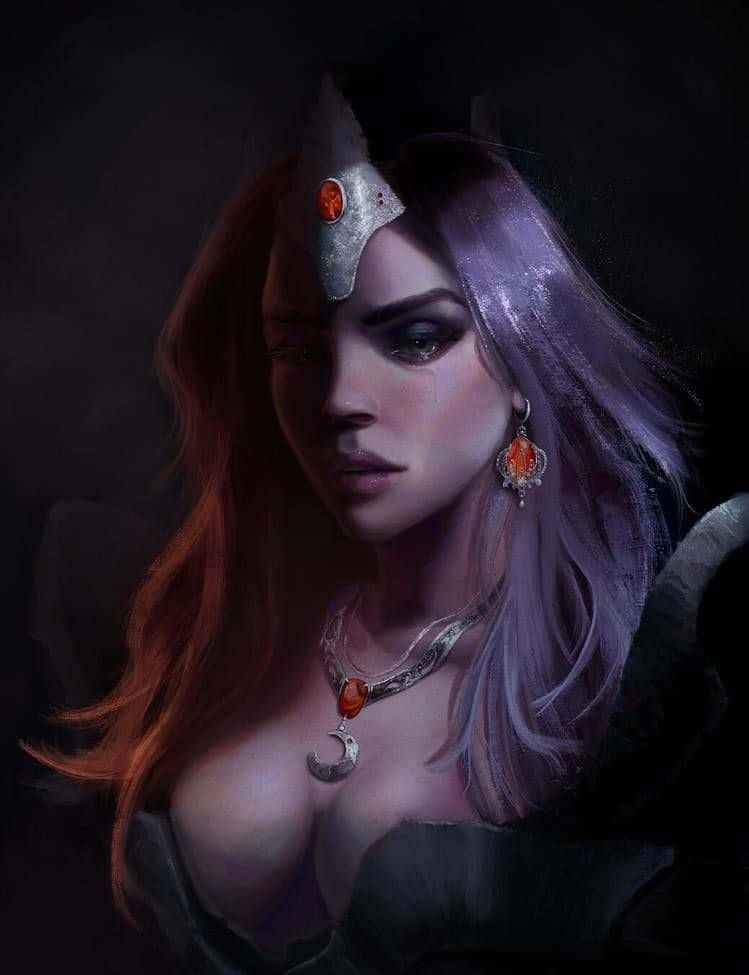 Mirana 桌布 壁紙 — 一個黑暗奇幻風格的女人肖像，擁有雙色頭髮和華麗的銀飾，飾有紅寶石，背景陰暗。