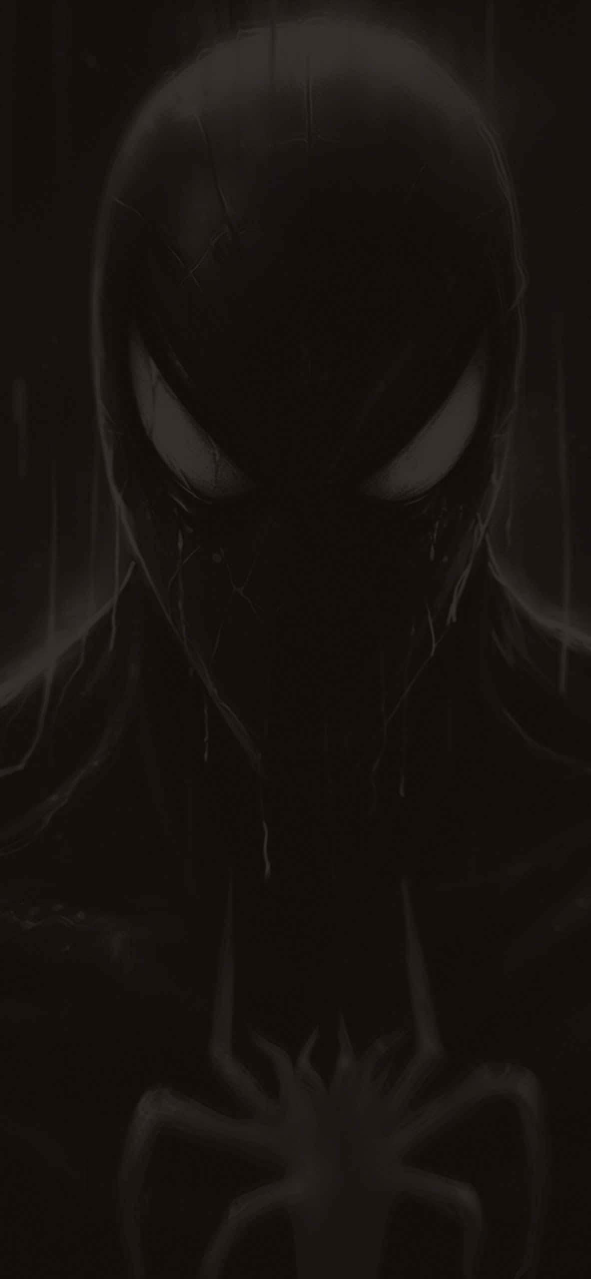 Symbiote 桌布 壁紙 — 一個黑暗威脅性的蜘蛛俠，發光的眼睛和滴落的面具，在陰影單色中。