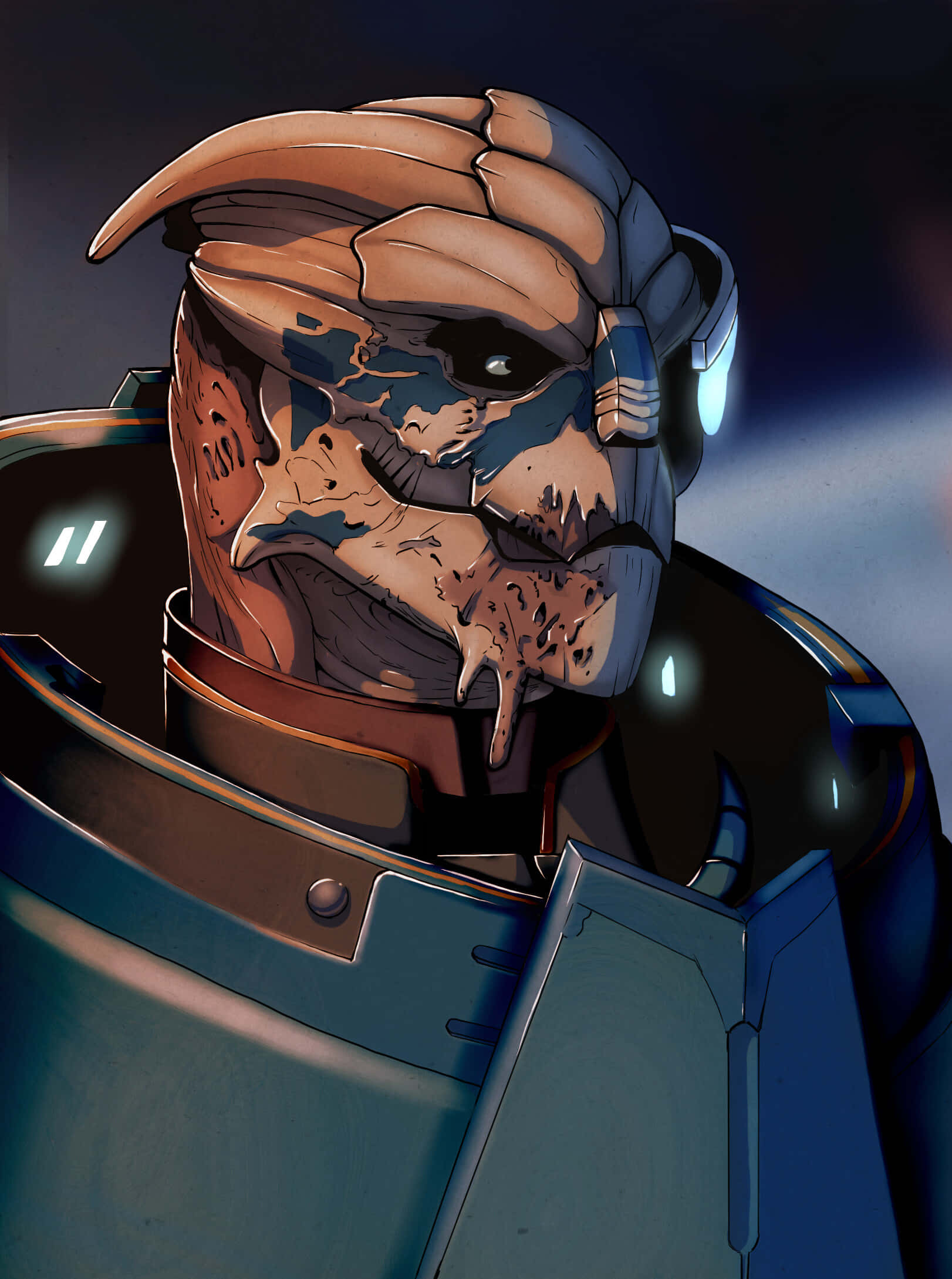 Garrus Vakarian 桌布 壁紙 — 一個黑暗未來設定中，戴著破裂頭盔和發光藍色護目鏡的機械外星戰士特寫。