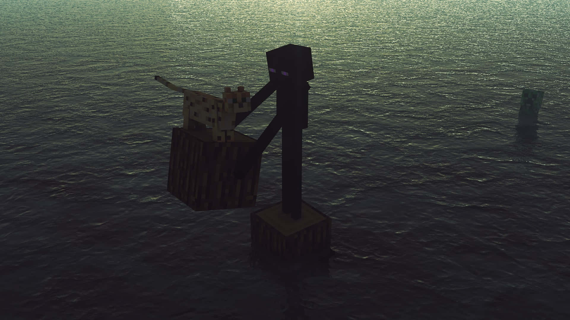 Minecraft Ocelot 桌布 壁紙 — 一個黑暗的Minecraft終界使者站在木製平台上，在渾水中於黃昏時分抱著一隻像素貓。