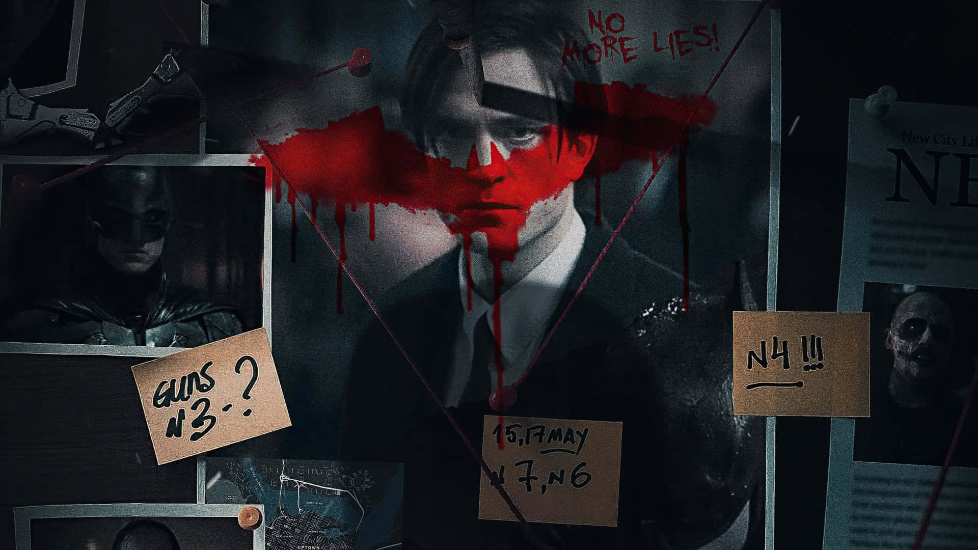 Bruce Wayne 桌布 壁紙 — 一個黑暗的偵探板，上面釘著照片、筆記，以及一個男人臉上的紅色飛濺，上方寫著「NO MORE LIES!」。