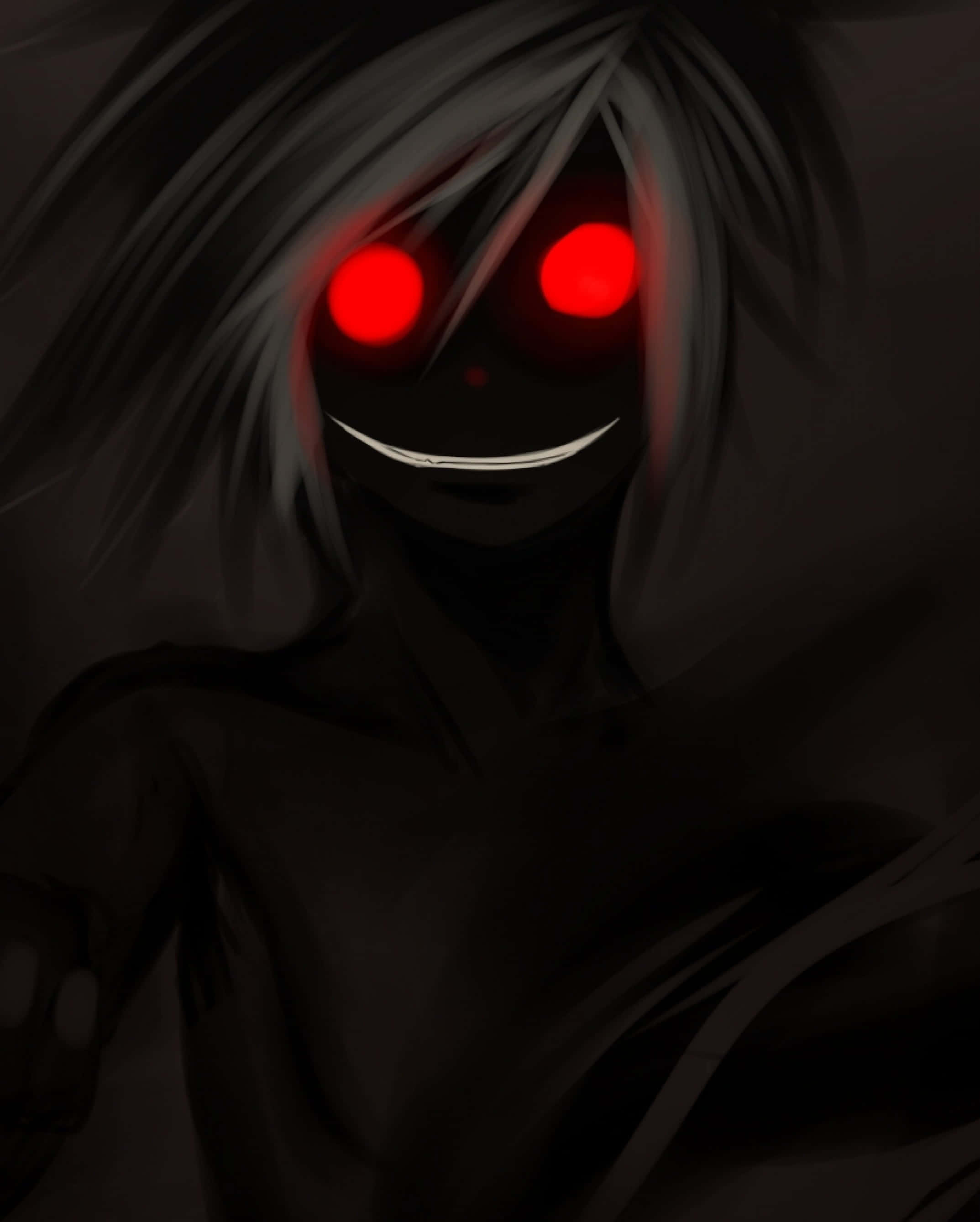 Horror Anime 桌布 壁紙 — 一個黑暗的動漫人物，擁有發光的紅色眼睛和邪惡的笑容，從陰影般的灰色頭髮中浮現。