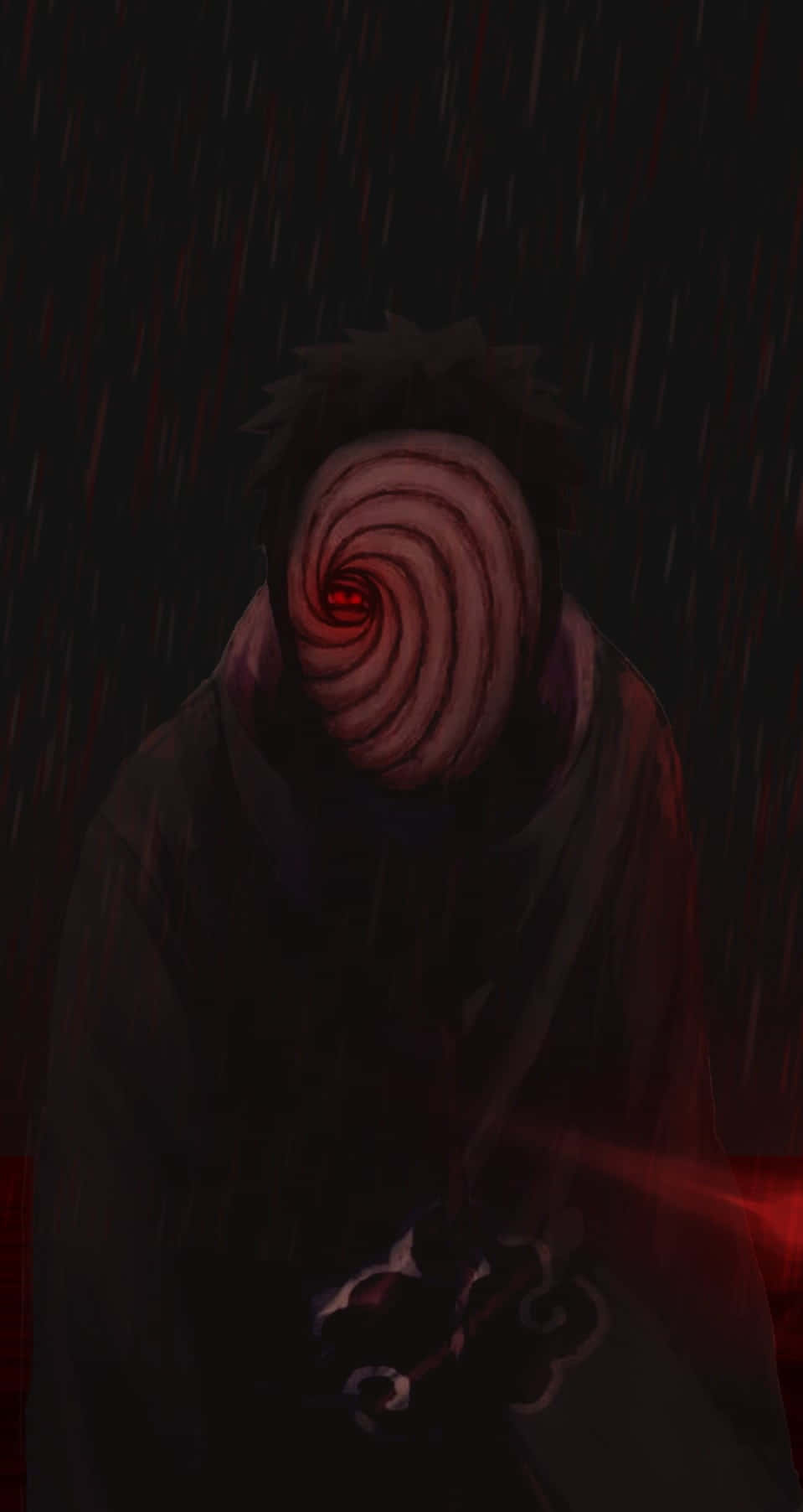 Akatsuki Tobi 桌布 壁紙 — 一個黑暗的動漫人物戴著螺旋面具，在紅色燈光下站在雨中，中央可見發光的紅色眼睛。