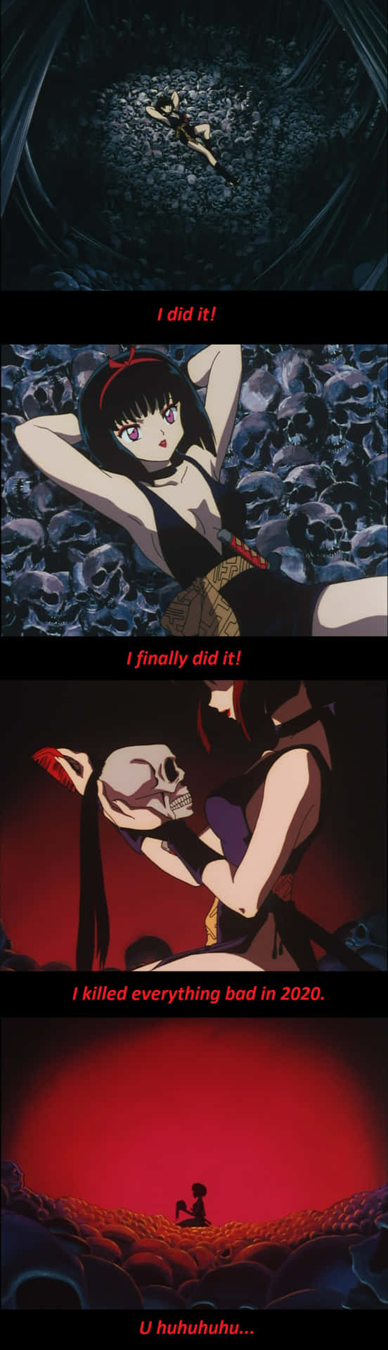 Inuyasha Yura 桌布 壁紙 — 一個黑暗的動漫場景，一個女孩漂浮在頭骨上方，抱著一個頭骨，獨自坐在紅色的天空下。
