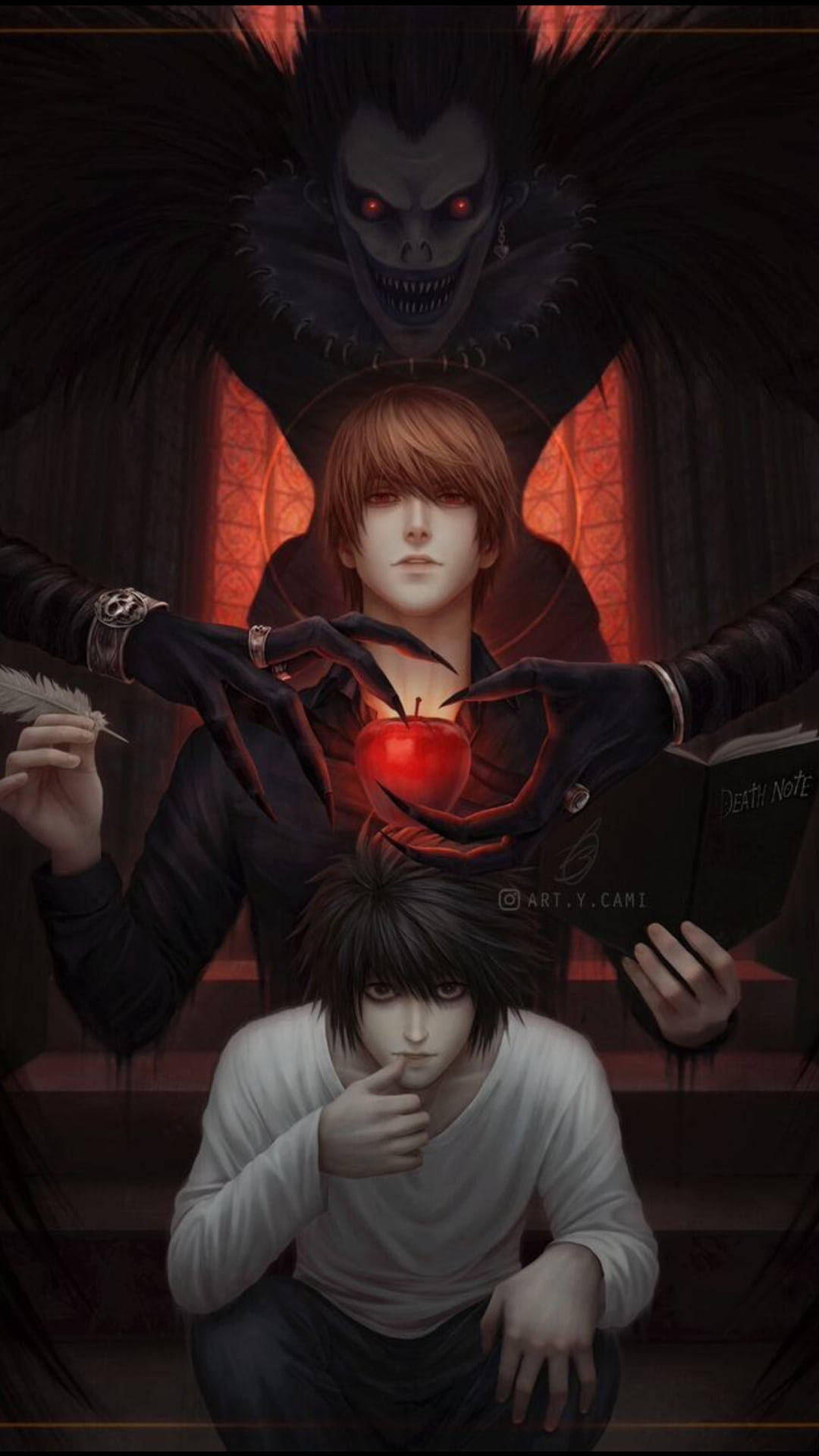 兩個動漫角色和一個惡魔般的人物在他們上方拿著一個紅蘋果。