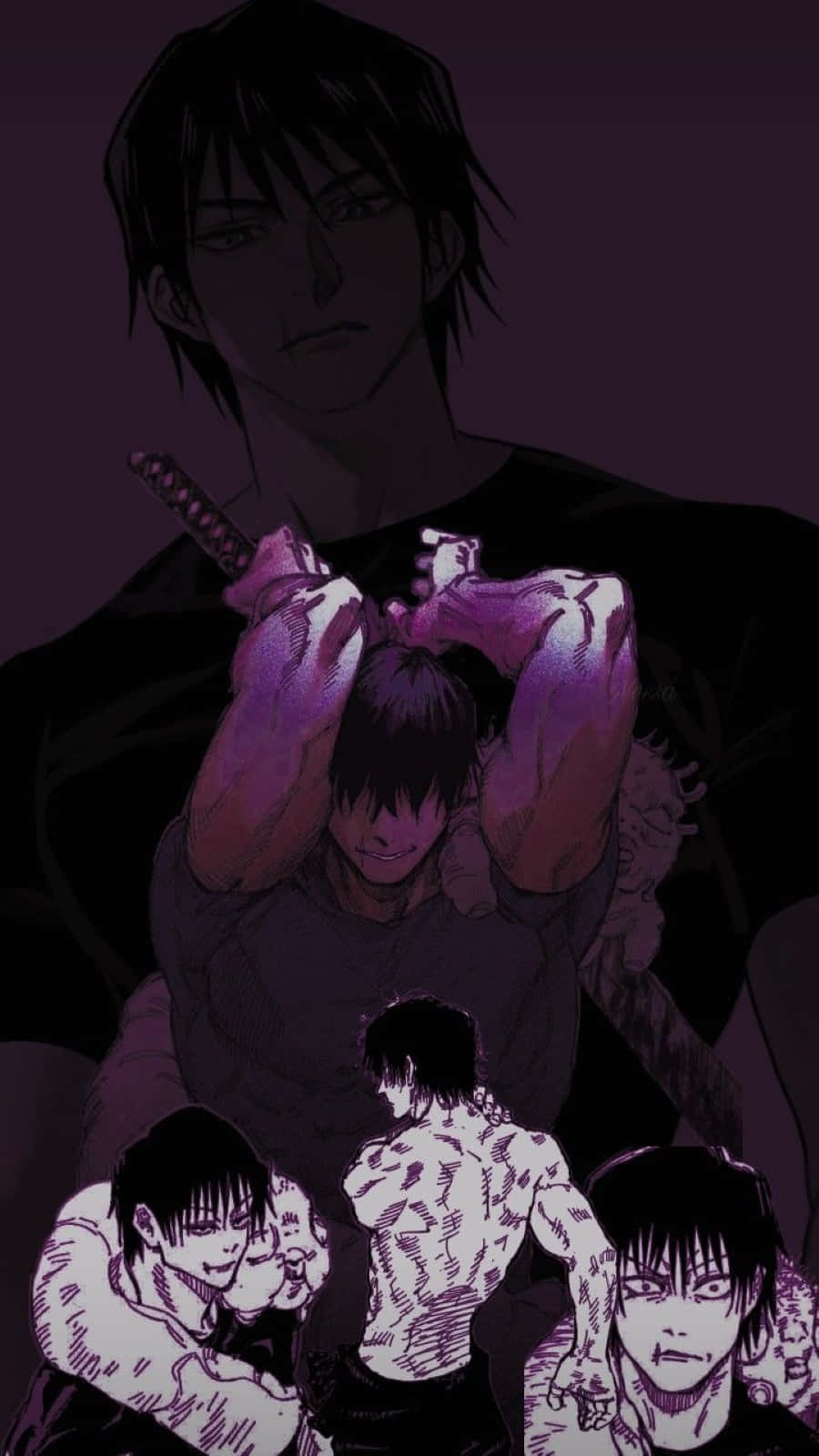 Toji Fushiguro 桌布 壁紙 — 一個黑暗的動漫場景，一個肌肉男拿著刀在另一個男人的頭上，而另外三個有紋身的男人在看著。