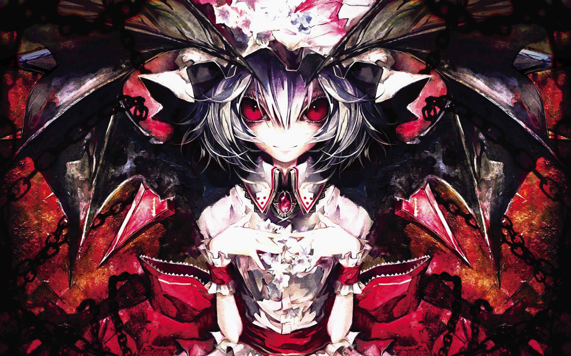 Anime PFP 桌布 壁紙 — 一個黑暗的動漫女孩，銀色頭髮，紅色眼睛，蝙蝠般的翅膀，穿著哥德式連衣裙，背景是火紅和黑色。