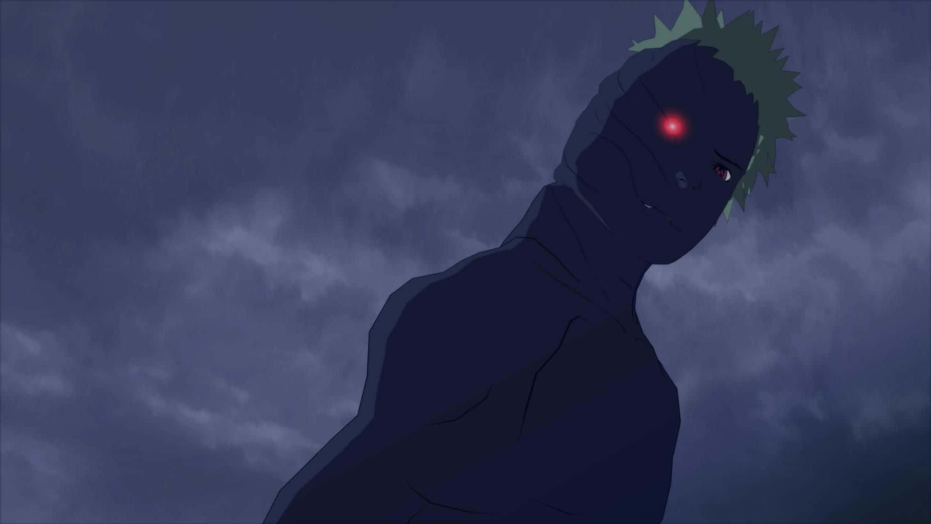 Black Zetsu 桌布 壁紙 — 一個黑暗的動漫角色，擁有發光的紅眼睛和綠色頭髮，站在暴風雨黃昏的天空下。