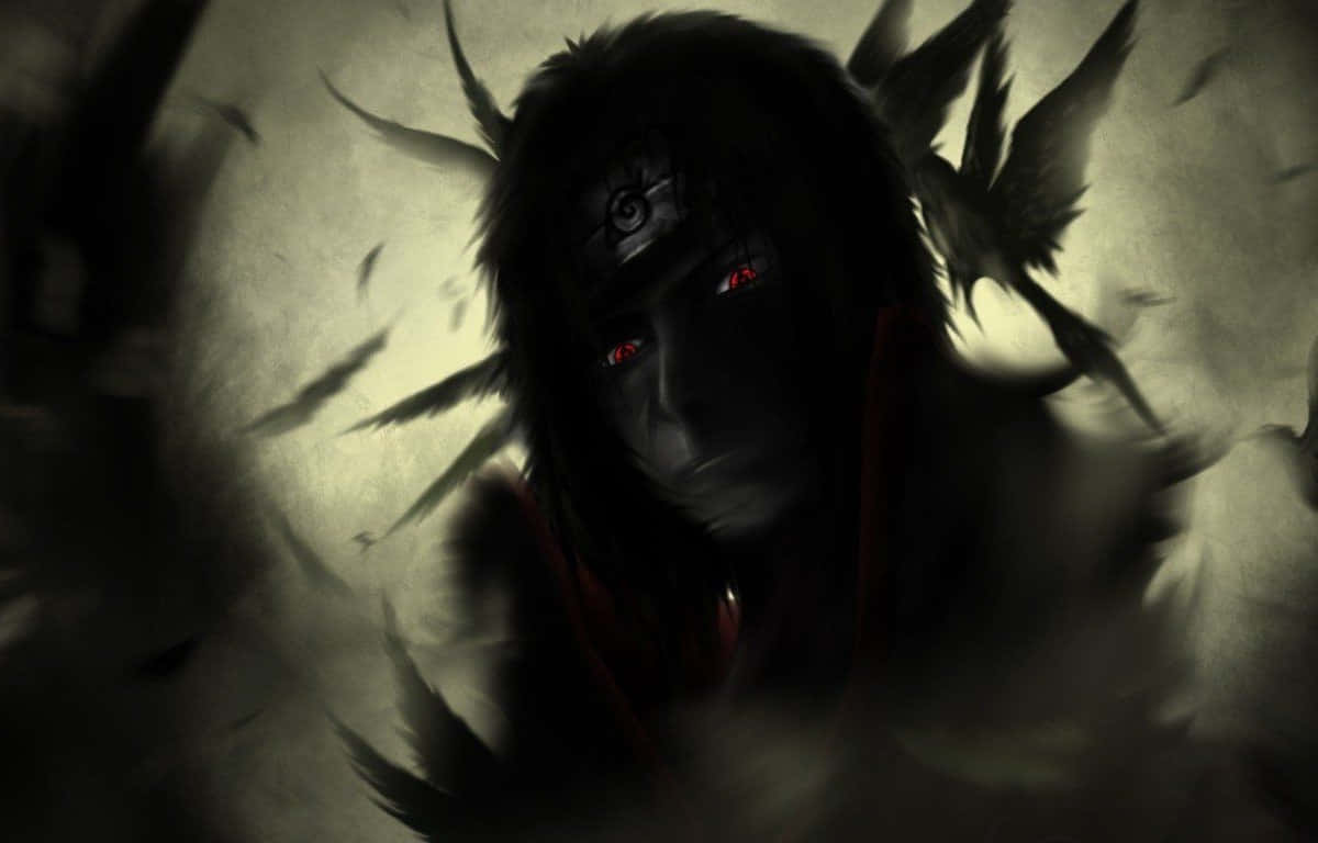 Itachi 桌布 壁紙 — 一個黑暗的動漫角色，擁有發光的紅色眼睛和黑色羽毛，在陰暗、情緒化的氛圍中旋轉。
