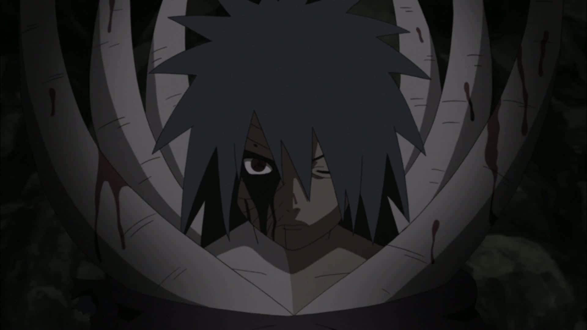Black Zetsu 桌布 壁紙 — 一個黑暗的動漫角色，有著尖刺的灰色頭髮和一隻可見的眼睛，透過一個沾滿血跡的白色圓形框架，在陰影背景中窺視。