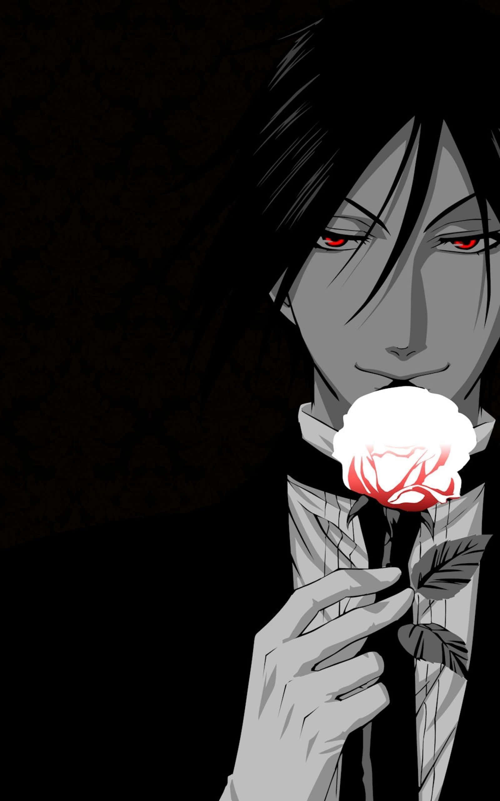 sebastian michaelis 桌布 壁紙 — 一個黑暗的動漫角色，紅眼睛，在黑色圖案背景上拿著一朵發光的白玫瑰。